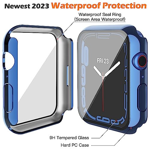 Misxi [2 Pack] Waterproof Anti-Scratch Case with Button for Apple Watch Series 9 (2023) Series 8 Series 7 45mm, Hard PC Cover with Tempered Glass Screen Protector for iWatch, 1 Blue + 1 Transparent - 5