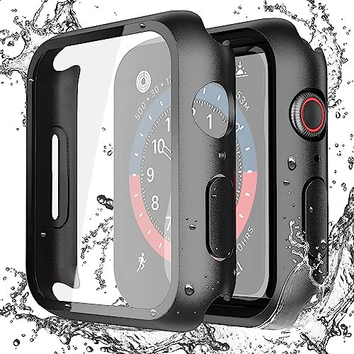 Misxi [2 Pack] Waterproof Black Hard Case with Tempered Glass Compatible with Apple Watch Series 6 SE Series 5 Series 4 44mm, Ultra-Thin Durable Protective Cover for iWatch Screen Protector - 1