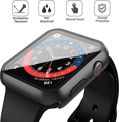 Misxi [2 Pack] Waterproof Black Hard Case with Tempered Glass Compatible with Apple Watch Series 6 SE Series 5 Series 4 44mm, Ultra-Thin Durable Protective Cover for iWatch Screen Protector - 6