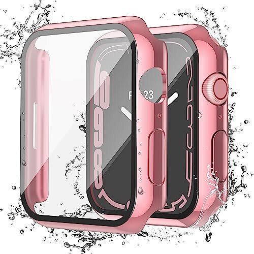 Misxi [2 Pack] Waterproof Case with Button for Apple Watch Series 9 (2023) Series 8 Series 7 45mm, Hard PC Cover with Tempered Glass Screen Protector for iWatch, 1 Rose Pink + 1 Transparent - 1