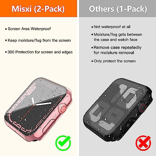 Misxi [2 Pack] Waterproof Case with Button for Apple Watch Series 9 (2023) Series 8 Series 7 45mm, Hard PC Cover with Tempered Glass Screen Protector for iWatch, 1 Rose Pink + 1 Transparent - 3