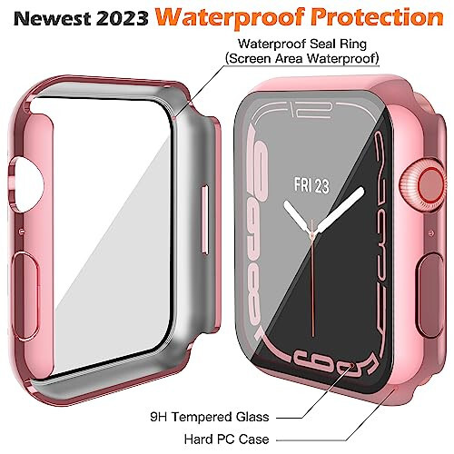 Misxi [2 Pack] Waterproof Case with Button for Apple Watch Series 9 (2023) Series 8 Series 7 45mm, Hard PC Cover with Tempered Glass Screen Protector for iWatch, 1 Rose Pink + 1 Transparent - 5