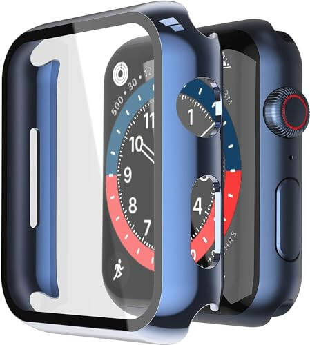 Misxi 2 taqsimli qattiq PC korpus va temperlangan shisha ekran himoyachisi Apple Watch Series 6 SE Series 5 Series 4 44mm bilan mos keladi, 1 ko'k + 1 shaffof - 1