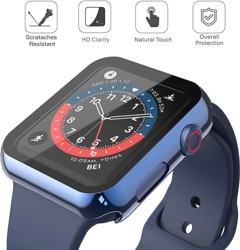 Misxi 2 taqsimli qattiq PC korpus va temperlangan shisha ekran himoyachisi Apple Watch Series 6 SE Series 5 Series 4 44mm bilan mos keladi, 1 ko'k + 1 shaffof - 3