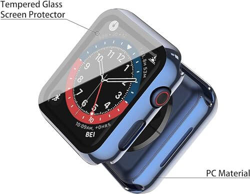 Misxi 2 taqsimli qattiq PC korpus va temperlangan shisha ekran himoyachisi Apple Watch Series 6 SE Series 5 Series 4 44mm bilan mos keladi, 1 ko'k + 1 shaffof - 4