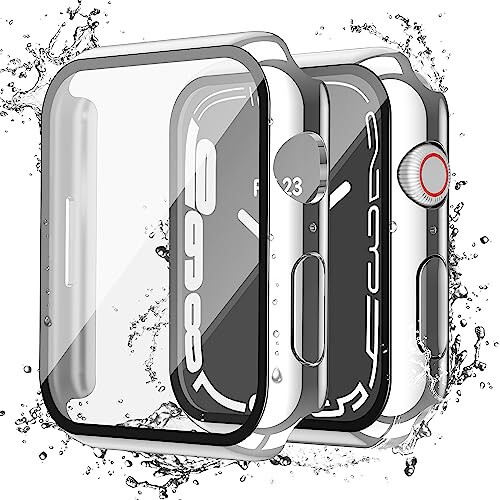 Misxi [2'li Paket] Su Geçirmez Çizilmeye Dayanıklı Kasa, Düğmeli, Apple Watch Series 9 (2023) Series 8 Series 7 45mm İçin, Temperli Cam Ekran Koruyucu ile Sert PC Kasa, 1 Gümüş + 1 Şeffaf - 1