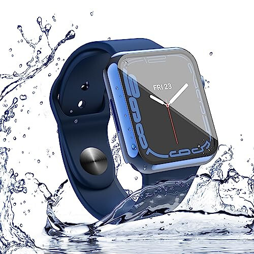 Misxi [2'li Paket] Su Geçirmez Çizilmeye Dayanıklı Kasa Düğmeli Apple Watch Series 9 (2023) Series 8 Series 7 45mm İçin, Temperli Cam Ekran Koruyucu ile Sert PC Kasa, 1 Mavi + 1 Şeffaf - 6