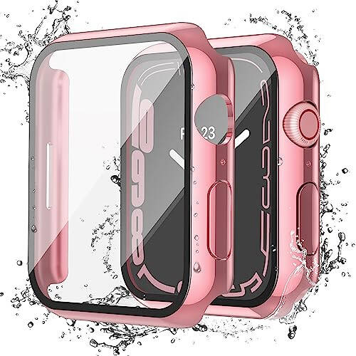 Misxi [2'li Paket] Su Geçirmez Kasa Düğmeli Apple Watch Series 9 (2023) Series 8 Series 7 45mm İçin, Temperli Cam Ekran Koruyucu ile Sert PC Kasa, 1 Gül Pembe + 1 Şeffaf - 1