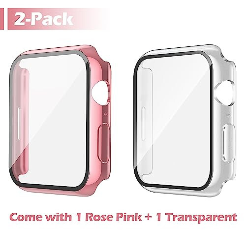 Misxi [2'li Paket] Su Geçirmez Kasa Düğmeli Apple Watch Series 9 (2023) Series 8 Series 7 45mm İçin, Temperli Cam Ekran Koruyucu ile Sert PC Kasa, 1 Gül Pembe + 1 Şeffaf - 2