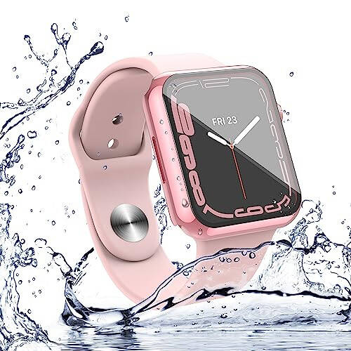 Misxi [2'li Paket] Su Geçirmez Kasa Düğmeli Apple Watch Series 9 (2023) Series 8 Series 7 45mm İçin, Temperli Cam Ekran Koruyucu ile Sert PC Kasa, 1 Gül Pembe + 1 Şeffaf - 6