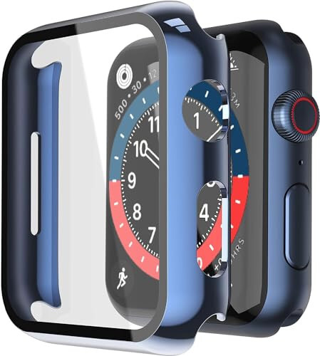 Misxi 2'li Sert PC Kılıf + Temperli Cam Ekran Koruyucu Apple Watch Series 6 SE Series 5 Series 4 44mm ile Uyumlu, 1 Mavi + 1 Şeffaf - 1