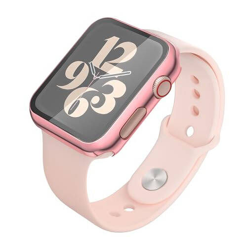 Misxi 2'li Sert PC Kılıf + Temperli Cam Ekran Koruyucu Apple Watch Serisi 6 SE Serisi 5 Serisi 4 44mm ile Uyumlu, 1 Pembe + 1 Şeffaf - 4