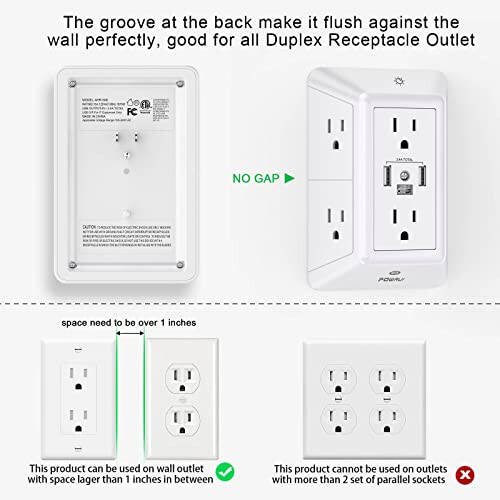 Многоконтактный сетевой фильтр - POWRUI 6-розетковый удлинитель с 3 USB-портами (1 USB C) и ночным светильником, 3-сторонняя электрошнур с адаптером с разнесенными розетками - белый, сертифицированный ETL - 3