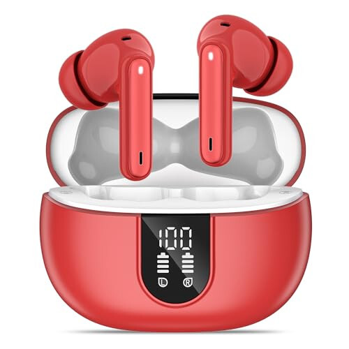 MoBadeety Wireless Earbuds, Bluetooth 5.3 Headphones 40Hrs Playtime Deep Bass Stereo, LED Power Display, Call Noise Canceling Headphones with Mic, IP7 Waterproof Earphones for iOS Android Red - 1