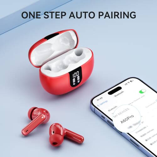 MoBadeety Wireless Earbuds, Bluetooth 5.3 Headphones 40Hrs Playtime Deep Bass Stereo, LED Power Display, Call Noise Canceling Headphones with Mic, IP7 Waterproof Earphones for iOS Android Red - 4