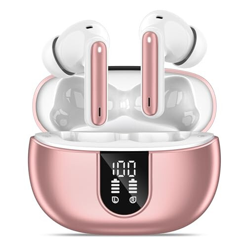 MoBadeety Wireless Earbuds, Bluetooth 5.3 Headphones 40Hrs Playtime Deep Bass Stereo, LED Power Display, Call Noise Canceling Headphones with Mic, IP7 Waterproof Earphones for iOS Android Rose Gold - 1