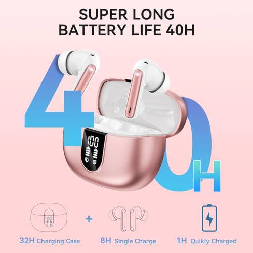 MoBadeety Wireless Earbuds, Bluetooth 5.3 Headphones 40Hrs Playtime Deep Bass Stereo, LED Power Display, Call Noise Canceling Headphones with Mic, IP7 Waterproof Earphones for iOS Android Rose Gold - 2