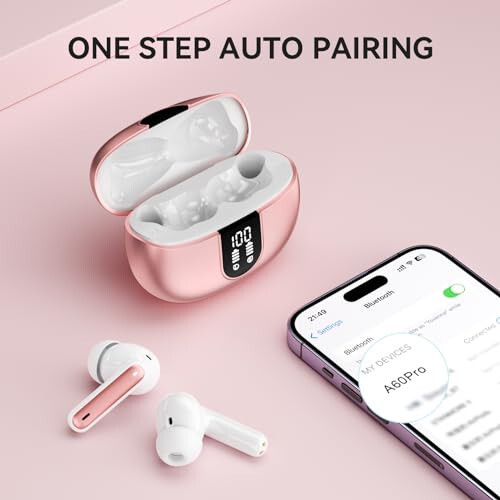 MoBadeety Wireless Earbuds, Bluetooth 5.3 Headphones 40Hrs Playtime Deep Bass Stereo, LED Power Display, Call Noise Canceling Headphones with Mic, IP7 Waterproof Earphones for iOS Android Rose Gold - 4