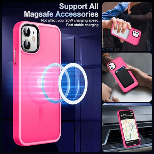 MOCCA Strong Magnetic iPhone 11 Case, [MagSafe Compatible][Glass Screen Protector+Camera Lens Protector] Slim Thin Shockproof Cover Case for iPhone 11 6.1 inch, Hot Pink - 2