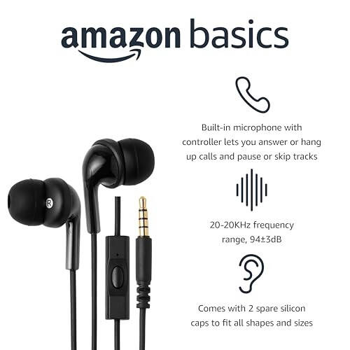 Modazone Basics In Ear Wired Headphones, Earbuds with Microphone No Wireless Technology, 51.18 x 0.79 x 0.51 inches, Black - 6