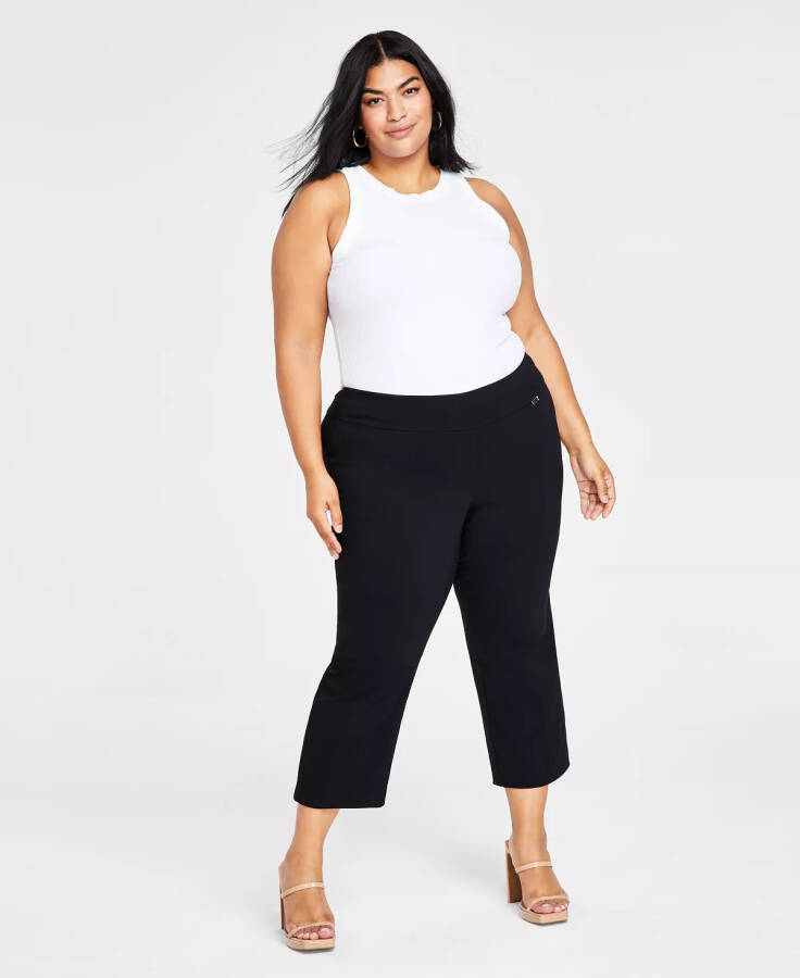 Modazone için Oluşturulan Plus Size Yüksek Belli Çekme Bağlantılı Capri Pantolon, Derin Siyah - 5