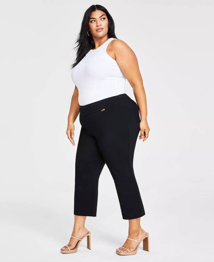 Modazone için Oluşturulan Plus Size Yüksek Belli Çekme Bağlantılı Capri Pantolon, Derin Siyah - 7