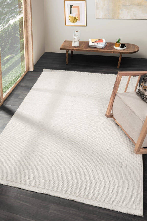 Modern Woven Rug with White Fringe for Living Room, Bedroom, Hallway, White Runner Rug - 8