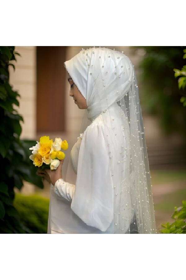 Modest 3 Meter Pearl Beaded Off-White Nun Veil - Elegant and Stylish Design - 7