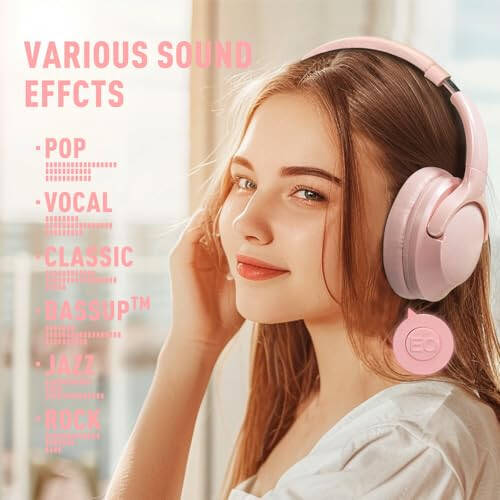 Mokata Bluetooth Headphones Over Ear 68H Playtime 6 EQ Wireless Headset with Microphone HiFi Stereo Foldable Lightweight Deep Bass for Travel Home Office Cellphone Pink - 2