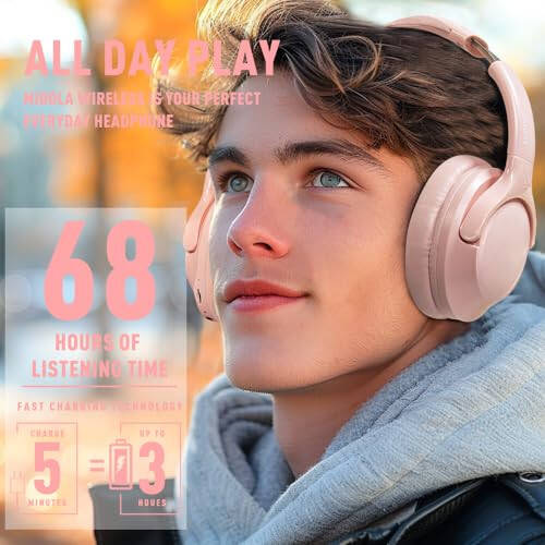 Mokata Bluetooth Headphones Over Ear 68H Playtime 6 EQ Wireless Headset with Microphone HiFi Stereo Foldable Lightweight Deep Bass for Travel Home Office Cellphone Pink - 3