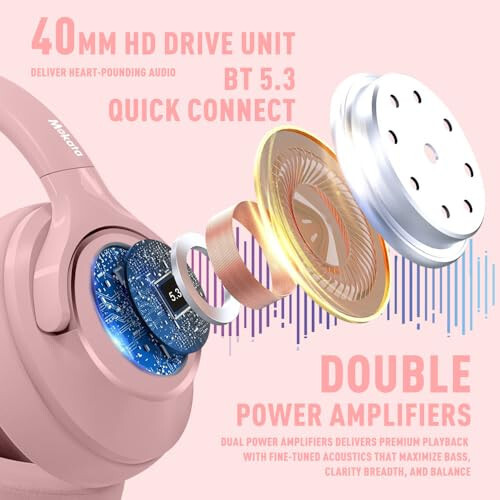 Mokata Bluetooth Headphones Over Ear 68H Playtime 6 EQ Wireless Headset with Microphone HiFi Stereo Foldable Lightweight Deep Bass for Travel Home Office Cellphone Pink - 4