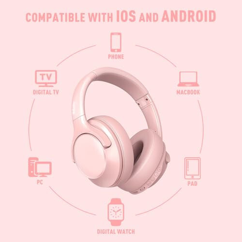 Mokata Bluetooth Headphones Over Ear 68H Playtime 6 EQ Wireless Headset with Microphone HiFi Stereo Foldable Lightweight Deep Bass for Travel Home Office Cellphone Pink - 6