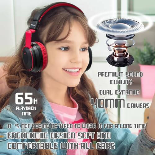 Mokata Kids Headphones Bluetooth 5.3 Wireless 60H Play Time Volume Limited 85/110dB Over Ear Foldable Headset with Cable Aux Mic for iPad Notebook Boy Girl Travel School Tablet Black - 3