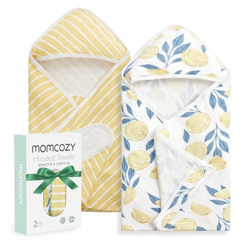 Momcozy Baby Hooded Towel, 2 Pack Baby Towel Set, Super Soft Bath Towel with Original Design, Shower Gifts for Infant, Toddler (28 X 28 Inch, Lemon Leaves) - 6