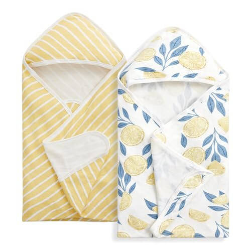 Momcozy Baby Hooded Towel, 2 Pack Baby Towel Set, Super Soft Bath Towel with Original Design, Shower Gifts for Infant, Toddler (28 X 28 Inch, Lemon Leaves) - 1