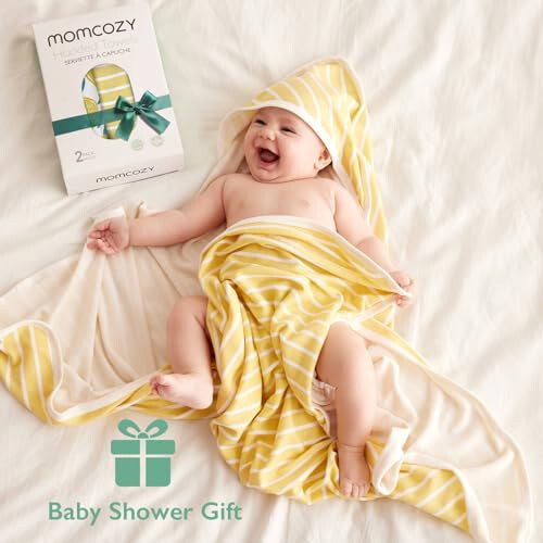 Momcozy Baby Hooded Towel, 2 Pack Baby Towel Set, Super Soft Bath Towel with Original Design, Shower Gifts for Infant, Toddler (28 X 28 Inch, Lemon Leaves) - 7