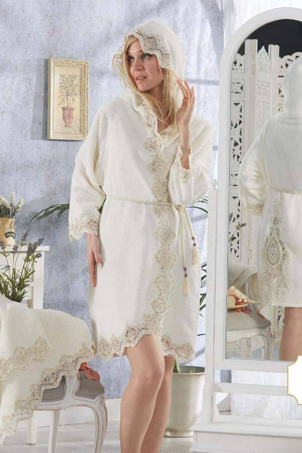 Monalisa Cream Women's French Lace Honeymoon Trousseau Fancy Bathrobe Set - 1