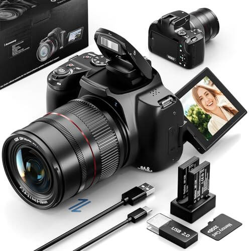 Monitech 64MP Digital Camera for Photography, 12x Optical Zoom Bridge Cameras with Macro, 4K vlogging Camera for YouTube, Auto Focus, Camera Straps, 2 batteries and 32GB SD Card - 1