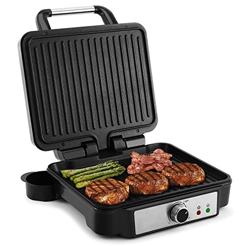 MONXOOK Panini Press Sandwich Maker, 4 Slices Panini Grill Non-Stick Coated Plates, Panini Makers with Temperature Control, Opens 180 Degrees, Removable Drip Tray, 1400W, Stainless Steel - 1