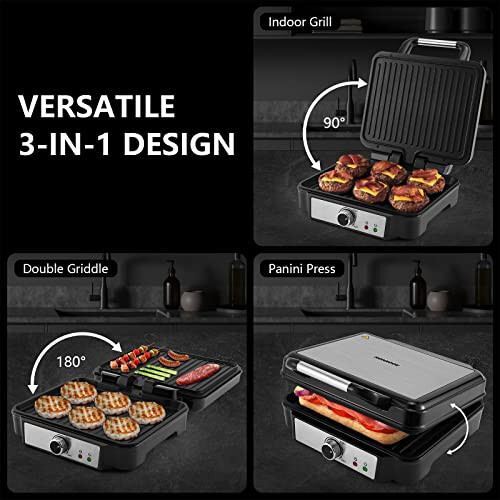 MONXOOK Panini Press Sandwich Maker, 4 Slices Panini Grill Non-Stick Coated Plates, Panini Makers with Temperature Control, Opens 180 Degrees, Removable Drip Tray, 1400W, Stainless Steel - 3