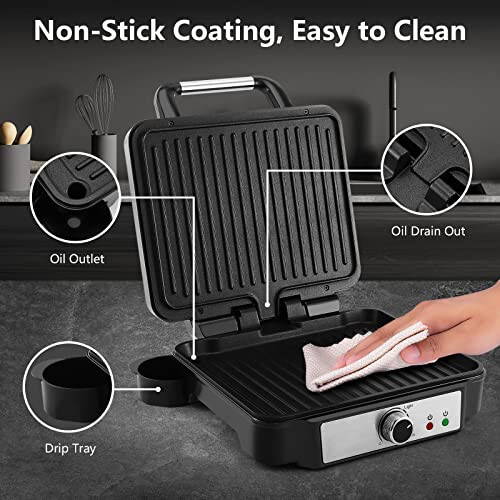 MONXOOK Panini Press Sandwich Maker, 4 Slices Panini Grill Non-Stick Coated Plates, Panini Makers with Temperature Control, Opens 180 Degrees, Removable Drip Tray, 1400W, Stainless Steel - 4