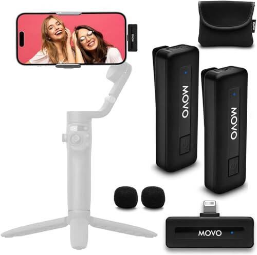 Movo Wireless Mini DI Duo Wireless Microphone for iPhone - iPhone Microphone for Video Recording with Clip on Lavalier Microphone for iPhone 10 HR Battery 164FT Range, Wireless Mic for iPhone - 1