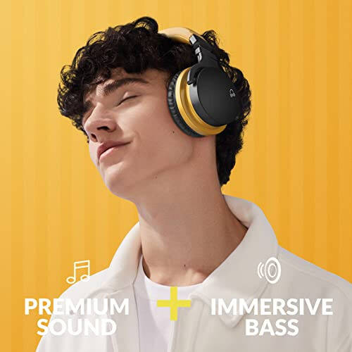 MOVSSOU E7 Active Noise Cancelling Headphones Bluetooth Headphones Wireless Headphones Over Ear with Microphone Deep Bass, Comfortable Protein Earpads, 30 Hours Playtime for Travel/Work, Deep Yellow - 3