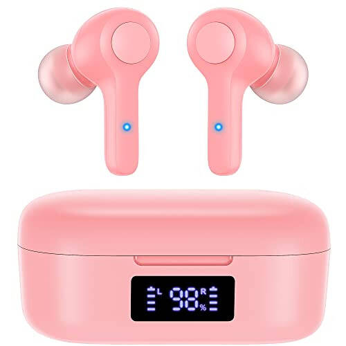 MOZOTER S8 Mini Wireless Earbuds Bluetooth 5.3 in Ear Light-Weight Headphones, 60Hrs Playtime Ear Buds with Charging Case, Built-in Microphone Headset, Premium Sound with Deep Bass for Sport - Sand Pink - 1