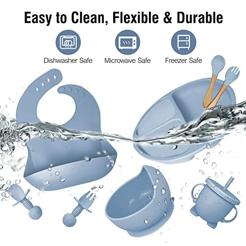 Mrkyy Silicone Baby Feeding Set, Baby Led Weaning Supplies with Suction Bowl Divided Plate, Toddler Self Feeding Dish Set with Spoons Forks Sippy Cup Adjustable Bib, Baby Eating Utensils (Grey Blue) - 3