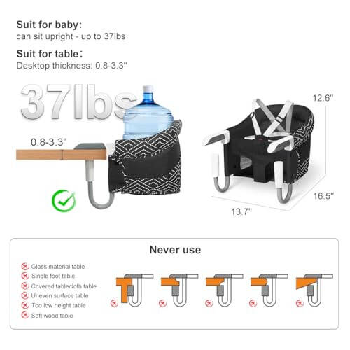 MTWML Hook On High Chair with Tray, Portable Baby High Chair That Attaches to Table, Clip On Fast Table High Chair for Babies and Toddlers. Baby Feeding Seat for Dining Table and Counter (Stripe-Black) - 34