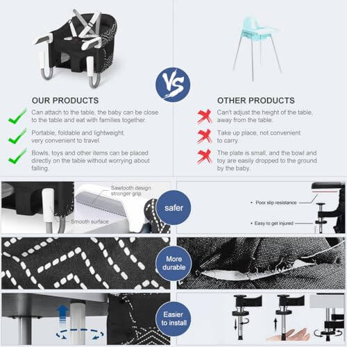 MTWML Hook On High Chair with Tray, Portable Baby High Chair That Attaches to Table, Clip On Fast Table High Chair for Babies and Toddlers. Baby Feeding Seat for Dining Table and Counter (Stripe-Black) - 37