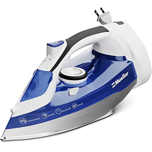 Mueller Professional Grade Steam Iron, Retractable Cord for Easy Storage, Shot of Steam/Vertical Shot, 8 Ft Cord, 3 Way Auto Shut Off, Self Clean, Blue - 1