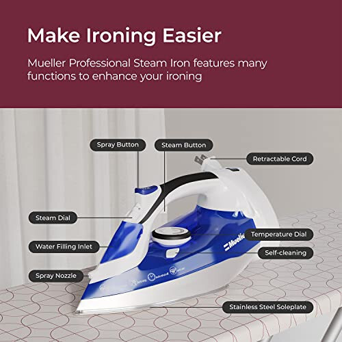 Mueller Professional Grade Steam Iron, Retractable Cord for Easy Storage, Shot of Steam/Vertical Shot, 8 Ft Cord, 3 Way Auto Shut Off, Self Clean, Blue - 3