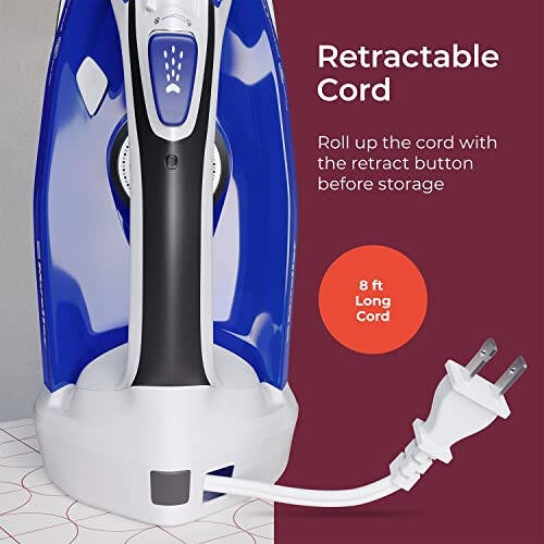 Mueller Professional Grade Steam Iron, Retractable Cord for Easy Storage, Shot of Steam/Vertical Shot, 8 Ft Cord, 3 Way Auto Shut Off, Self Clean, Blue - 7